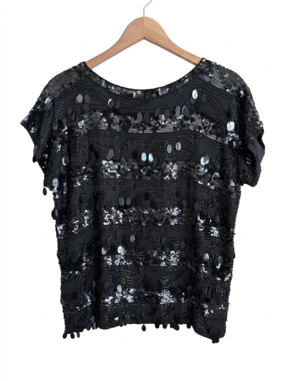 Vintage Black Silk Paillette Sequin Beaded Top M Cocktail Evening Formal Party
